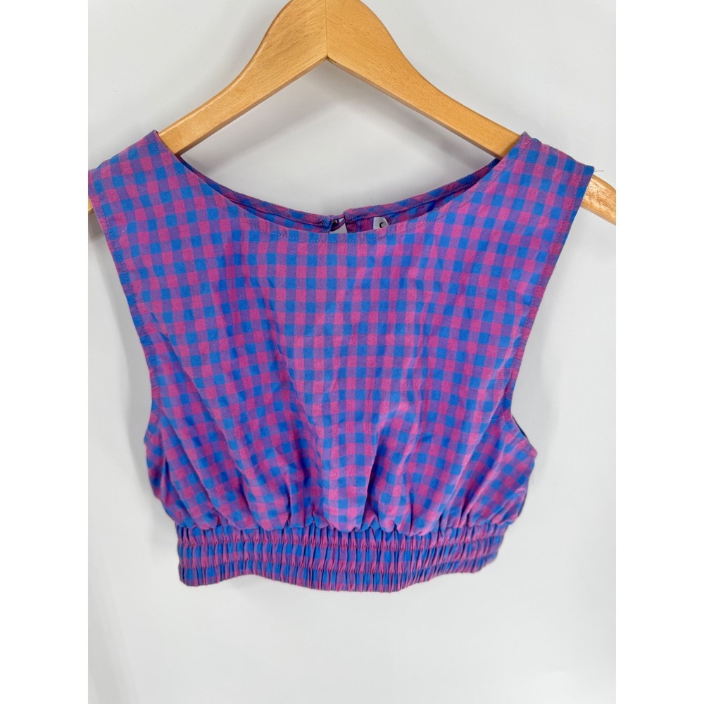 Charlie Holiday Elena Gingham Crop Top Women Est Sz XS Pink Blue Sleeveless - Picture 14 of 14
